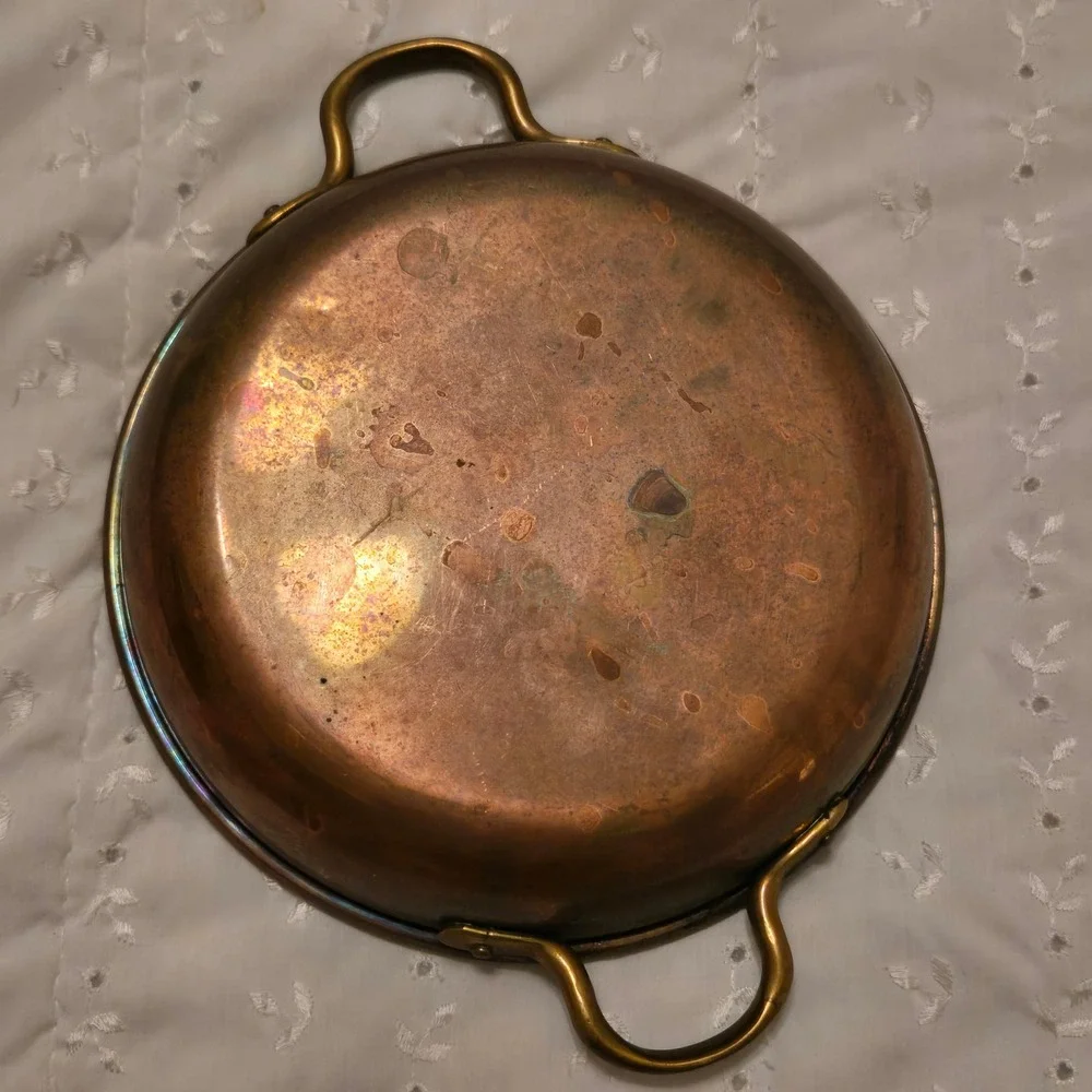 Vintage 8 Inch Round Copper Au Gratin Pan Dual Brass Handles Tinned Interior